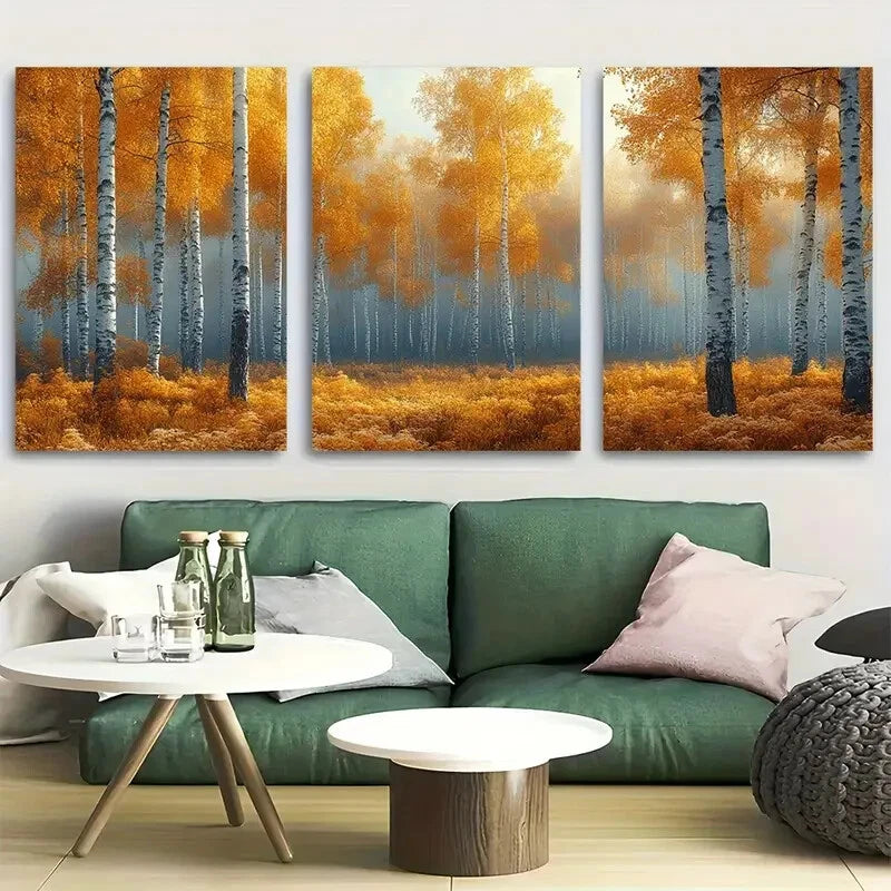 3pcs Serene Birch Tree Forest Misty Autumn Metal Print Ready to Hang Art