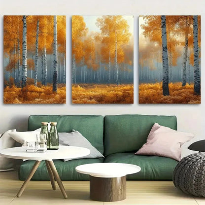 3pcs Serene Birch Tree Forest Misty Autumn Metal Print Ready to Hang Art