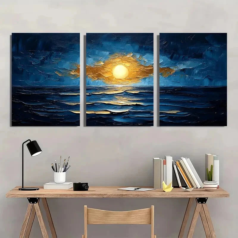 3pcs Abstract Blue & Golden Textured Artwork Metal Print Ready to Hang Art