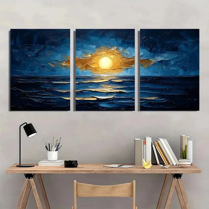 3pcs Abstract Blue & Golden Textured Artwork Metal Print Ready to Hang Art