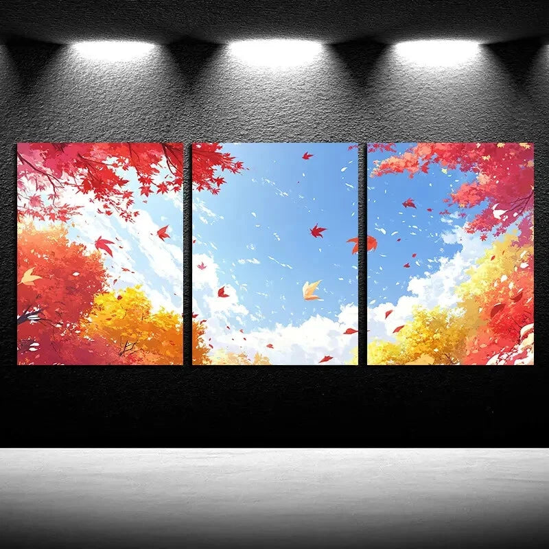 3pcs Vibrant Sky in the Forest Autumn Scene Metal Print Ready to Hang Art