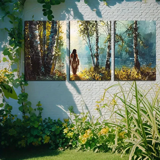 3pcs Nature with Lake and Tribe Illustration Metal Print Ready to Hang Art