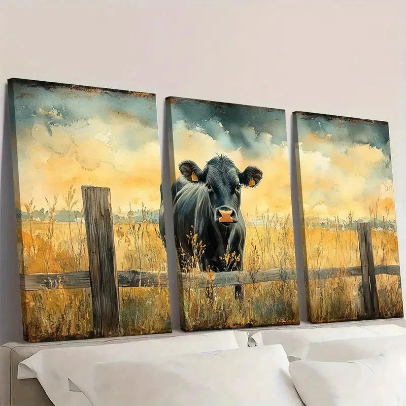 3pcs Black Cow Watercolor TY Wall Art Set Canvas Framed 50x70cm - High Quality Print 100% Australian Made Wall Canvas Ready to Hang