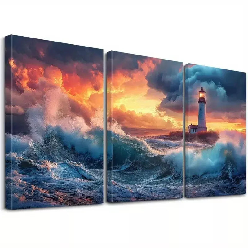 3pcs Aesthetic Landscape Lighthouse & Ocean  Art Set Canvas Framed 50x70cm -  High Quality Print 100% Australian Made Wall Canvas Ready to Hang