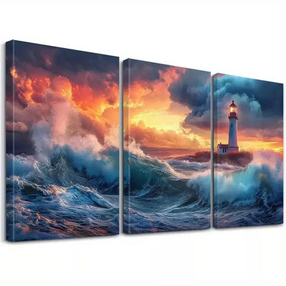 3pcs Aesthetic Landscape Lighthouse & Ocean  Art Set Canvas Framed 50x70cm -  High Quality Print 100% Australian Made Wall Canvas Ready to Hang