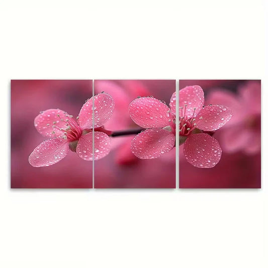 3pcs Delicate Pink Floral Macro Metal Print Ready to Hang Art