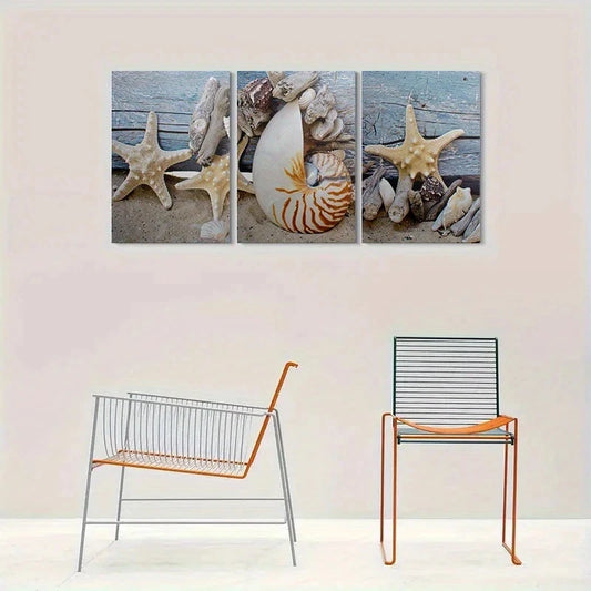 3pcs Seashell and Starfish Beach Themed Metal Print Ready to Hang Art