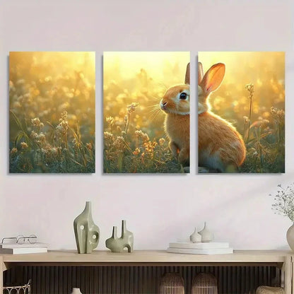 3pcs Rustic Bunny Rabbit & Wheat Field Design Metal Print Ready to Hang Art