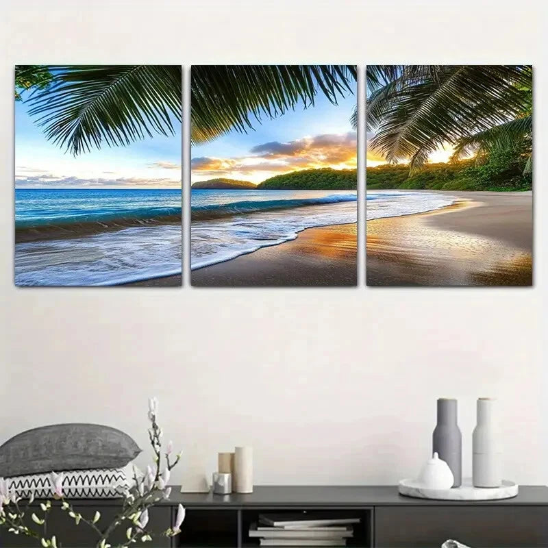 3pcs Tropical Beach Sunset Palm Tree & Ocean Waves Metal Print Ready to Hang Art