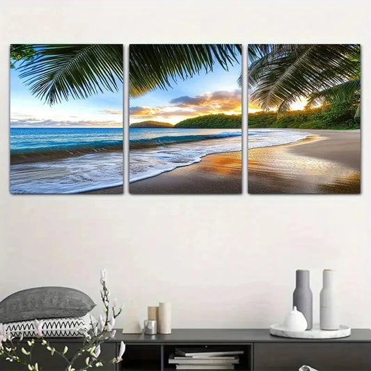 3pcs Tropical Beach Sunset Palm Tree & Ocean Waves Metal Print Ready to Hang Art