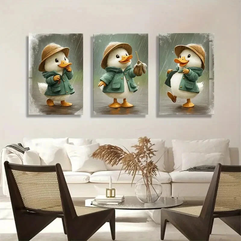 3pcs Playful Cartoon Duck with Raincoat Metal Print Ready to Hang Art
