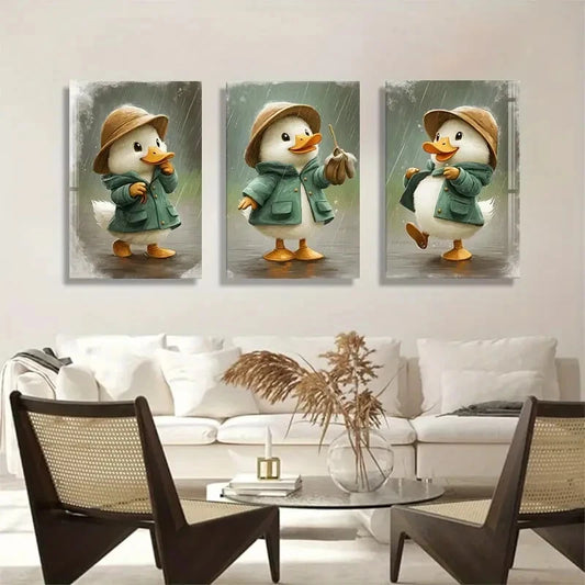 3pcs Playful Cartoon Duck with Raincoat Metal Print Ready to Hang Art