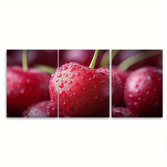 3pcs Ripe Cherry Juicy Fruit Illustration Wall Art Set Canvas Framed 50x70cm - High Quality Print 100% Australian Made Wall Canvas Ready to Hang