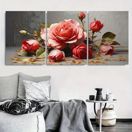 3pcs Romantic Red Rose Golden Accents Metal Print Ready to Hang Art