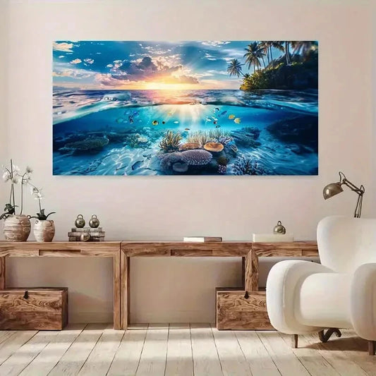 Coral Reef Sunset Sea Tree wall canvas office home room framed 120x60cm - Bella Home Decor