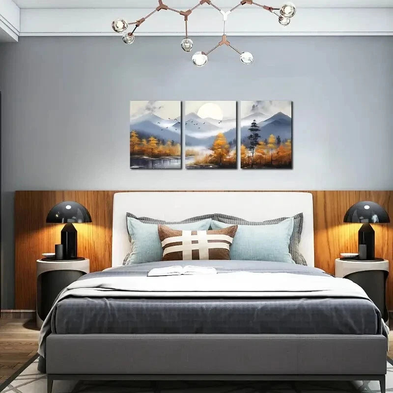 3pcs Modern Mountain Forest Golden Tree Landscape Metal Print Ready to Hang Art