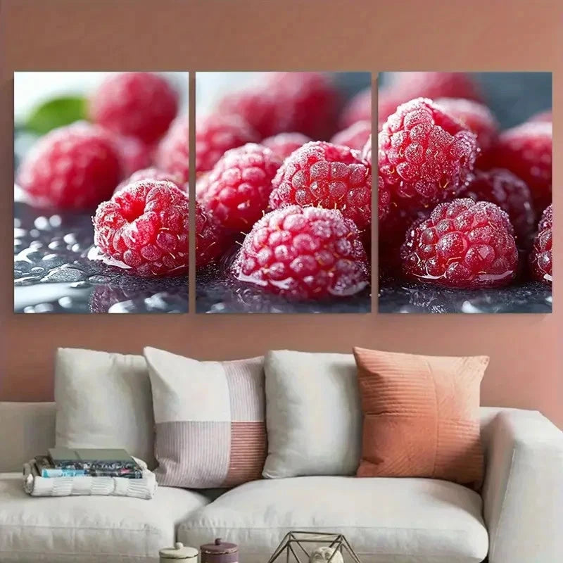 3pcs Fresh Raspberries Water Macro Photography Metal Print Ready to Hang Art