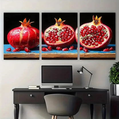 3pcs Still Life Pomegranate on Blue Background Metal Print Ready to Hang Art