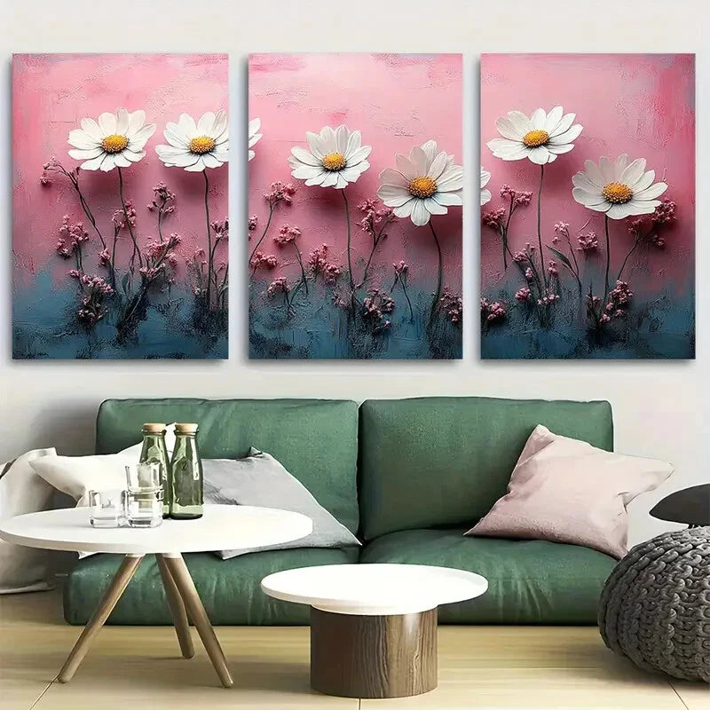 3pcs Daisy Wildflower Rustic Pink Background Metal Print Ready to Hang Art
