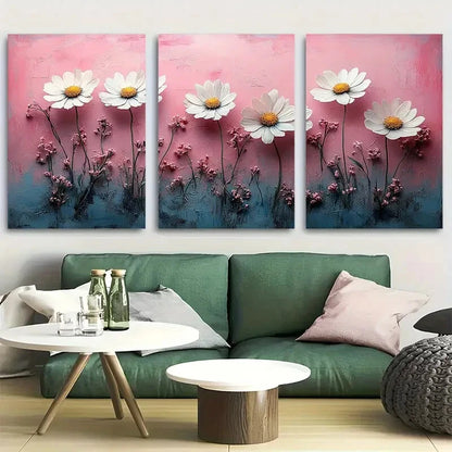 3pcs Daisy Wildflower Rustic Pink Background Metal Print Ready to Hang Art