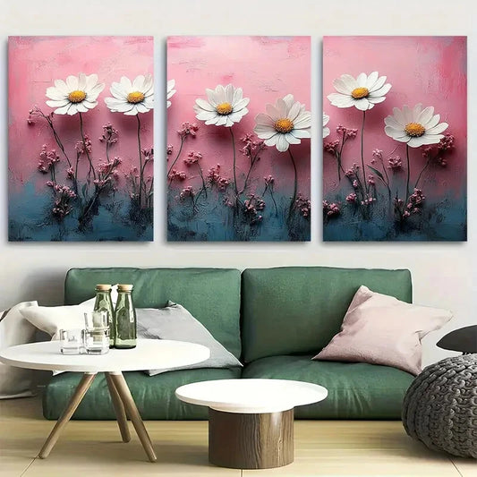 3pcs Daisy Wildflower Rustic Pink Background Metal Print Ready to Hang Art