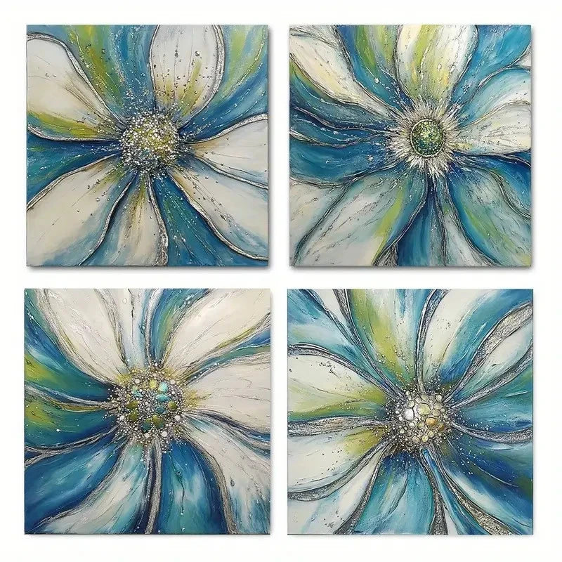 4pcs Blue & White Floral Design With Golden Acce Wall Art Canvas Framed