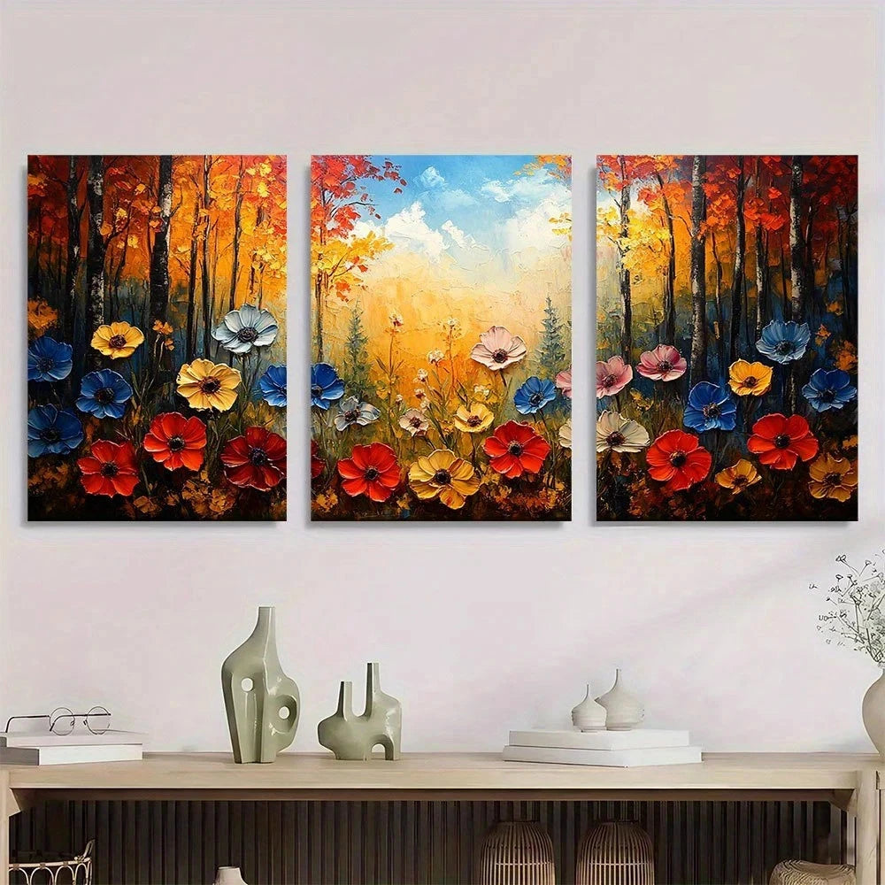 3pcs Colorful Forest Field Oil Painting Metal Print Ready to Hang Art