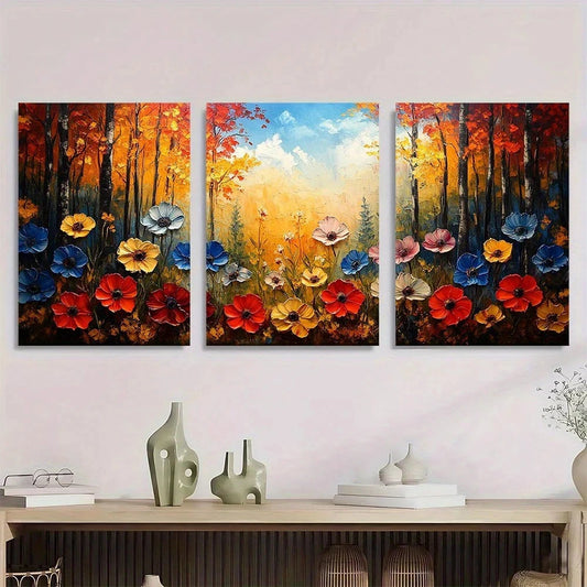 3pcs Colorful Forest Field Oil Painting Metal Print Ready to Hang Art