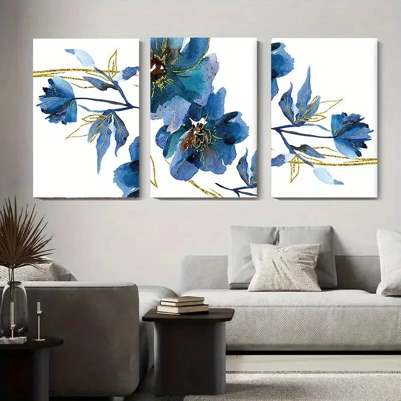3pcs Blue Floral Watercolor Elegant Flower Design Metal Print Ready to Hang Art