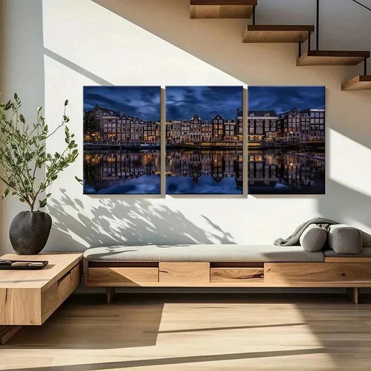 3pcs Netherlands Landscape Amsterdam Canal Wall Art Set Canvas Framed 40x60cm - High Quality Print 100% Australian Made Wall Canvas Ready to Hang