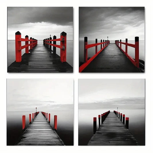 4pcsBlack and White Beach SeascapeWall Art Canvas Framed