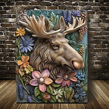 Featuring a Moose Surrounded by Floral Design Painting 40x60cm Metal Print Ready to Hang