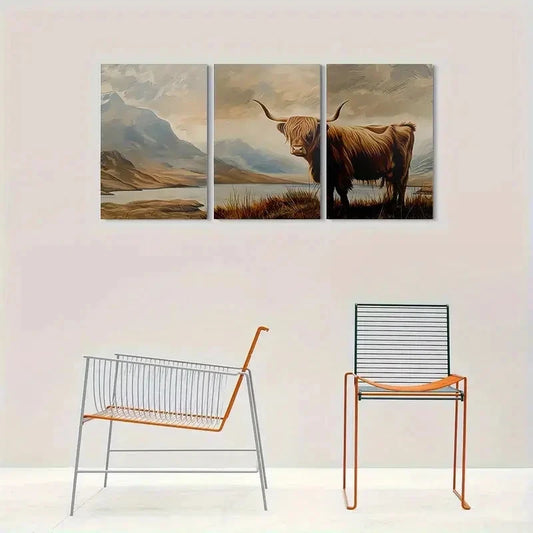 3pcs Scenic Landscape with Highland Cow Wall Art Set Canvas Framed 60x90cm - High Quality Print 100% Australian Made Wall Canvas Ready to Hang