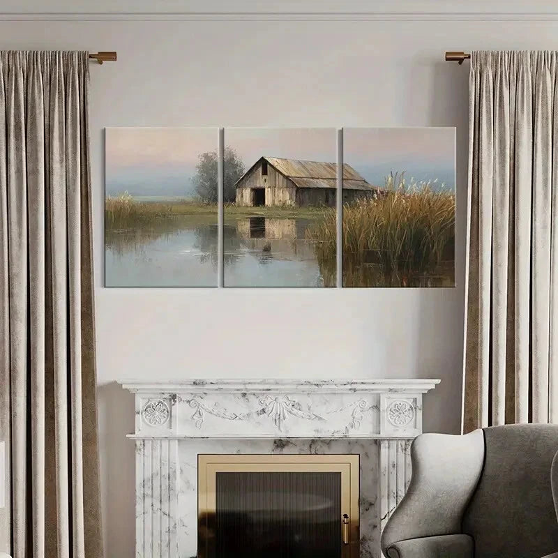 3pcs Vintage Barn Reflection Serene Landscape Metal Print Ready to Hang Art
