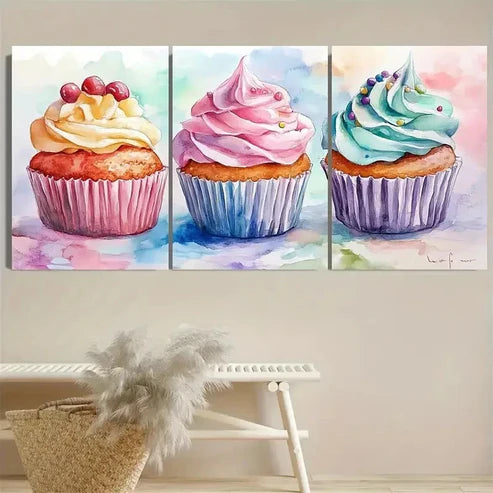 3pcs Watercolor Cupcake Wall Art Set Canvas Unframed - High Quality Print 100% Australian Made Wall Canvas