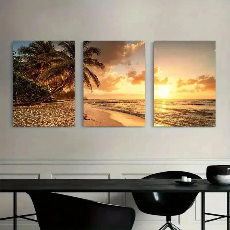 3pcs Golden Sunset Beach Scene with Palm Trees Metal Print Ready to Hang Art