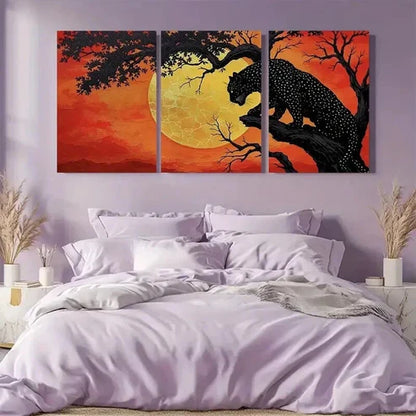 3pcs Black Leopard & Silhouetted Trees in Sunset Art Set Canvas Unframed - High Quality Print 100% Australian Made Wall Canvas