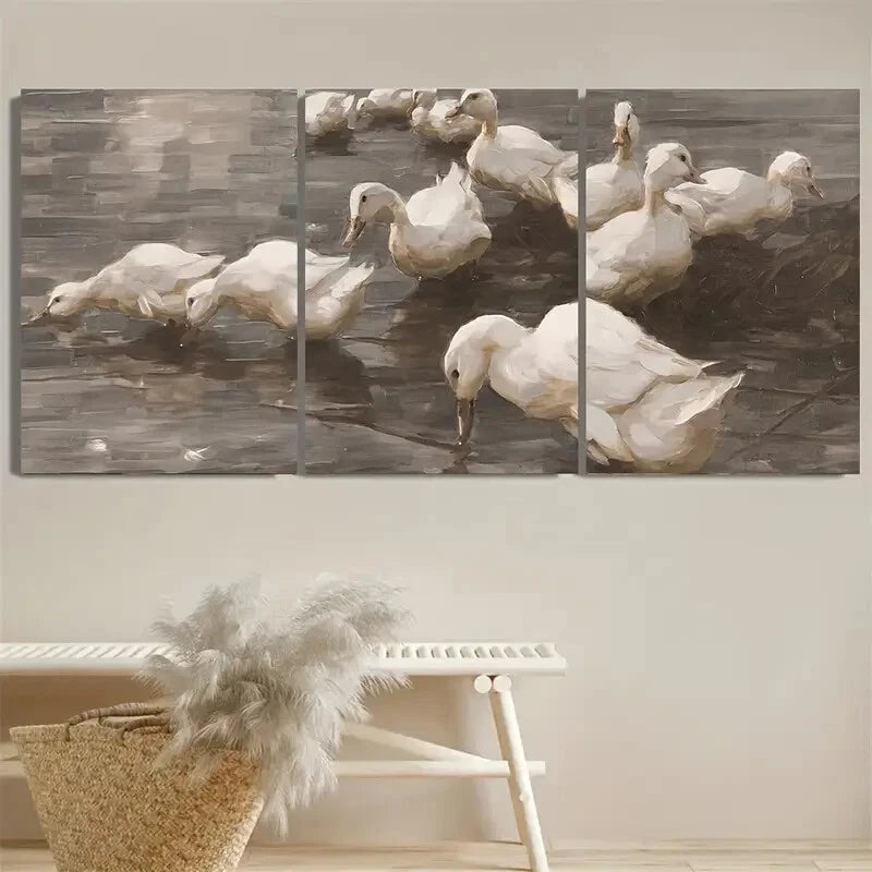 3pcs Vintage Duck in lake Illustration Metal Print Ready to Hang Art