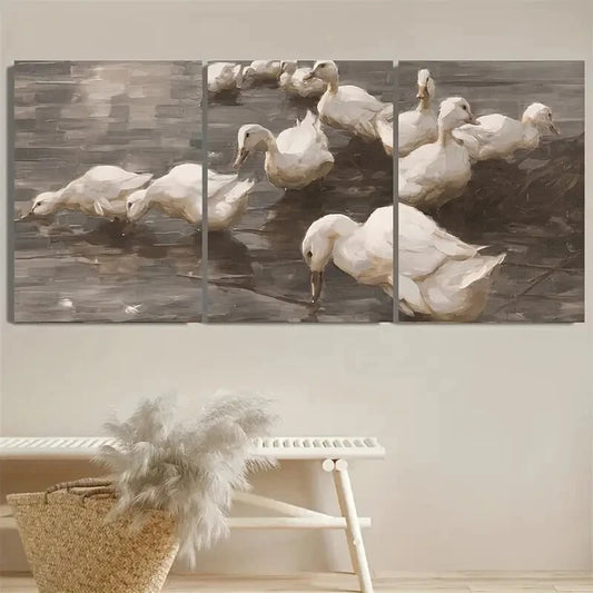 3pcs Vintage Duck in lake Illustration Metal Print Ready to Hang Art