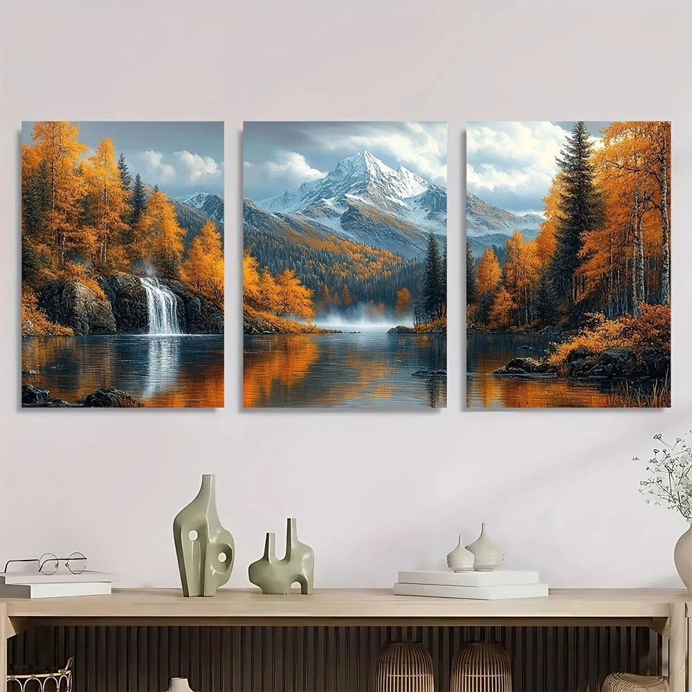 3pcs Mountain Nature Serene Waterfall Snow Capped Metal Print Ready to Hang Art