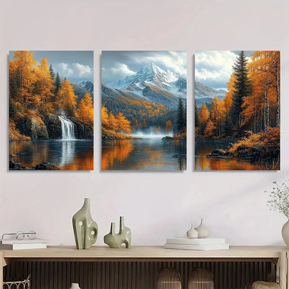 3pcs Mountain Nature Serene Waterfall Snow Capped Metal Print Ready to Hang Art