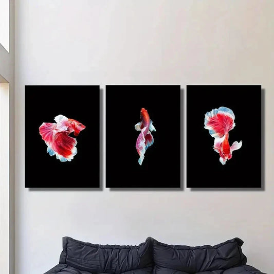 3pcs Thai Fighting Fish Photography, Red Fish Metal Print Ready to Hang Art