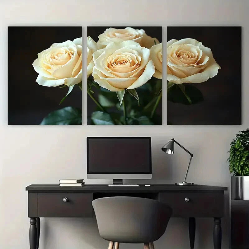 3pcs White Rose Bouquet in Black Background Metal Print Ready to Hang Art