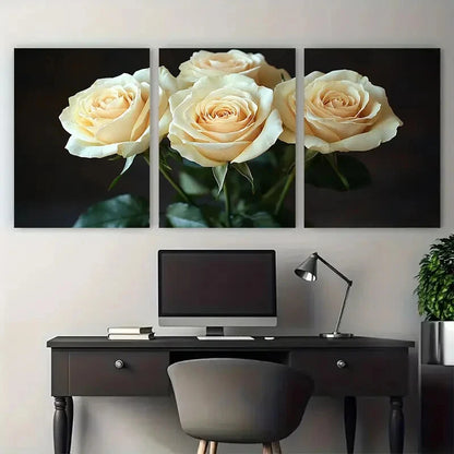 3pcs White Rose Bouquet in Black Background Metal Print Ready to Hang Art