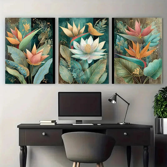 3pcs Angel Falls Venezuela Vintage Floral Wall Art Set Canvas Framed 60x90cm - High Quality Print 100% Australian Made Wall Canvas Ready to Hang
