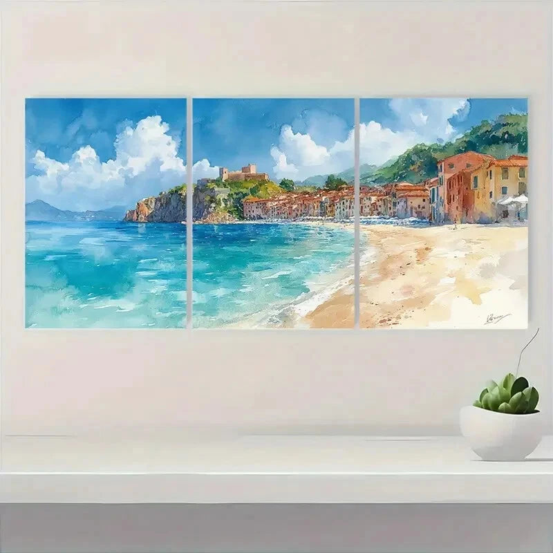3pcs Italian Landscape Watercolor Coastal Town Metal Print Ready to Hang Art