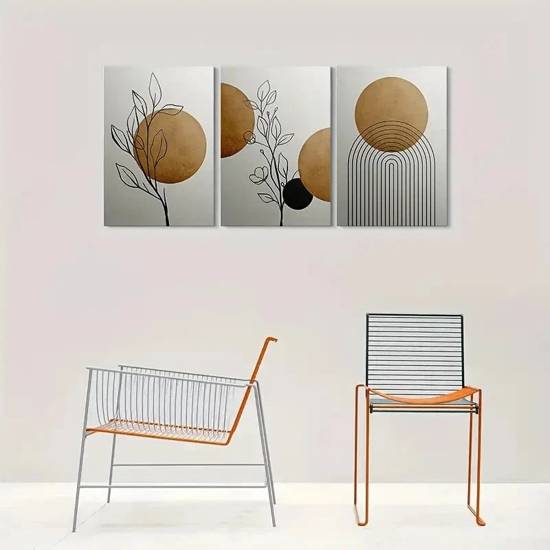 3pcs Modern Abstract Geometric Brown Rounds Metal Print Ready to Hang Art