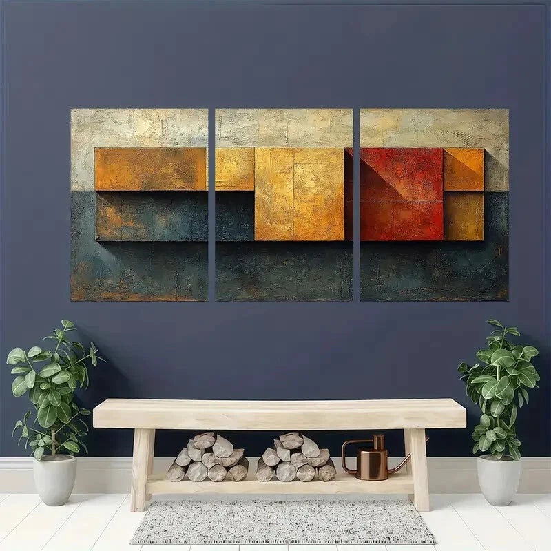 3pcs Brown Geometric Abstract Texture Painting Metal Print Ready to Hang Art