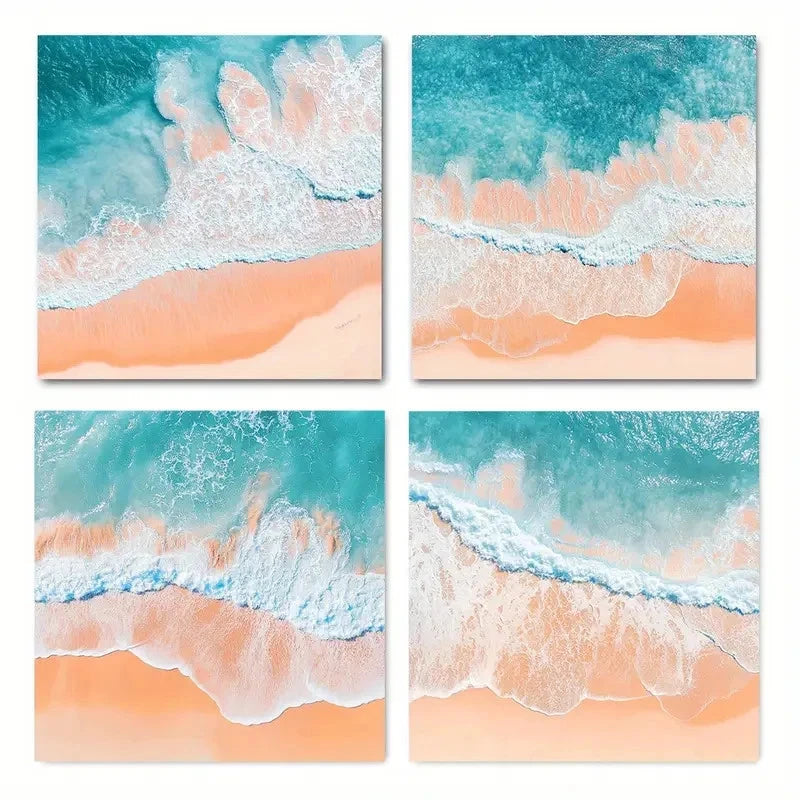 4pcs Coastal Beach Scenes with Turquoise & Peach Wall Art Canvas Framed (Copy)