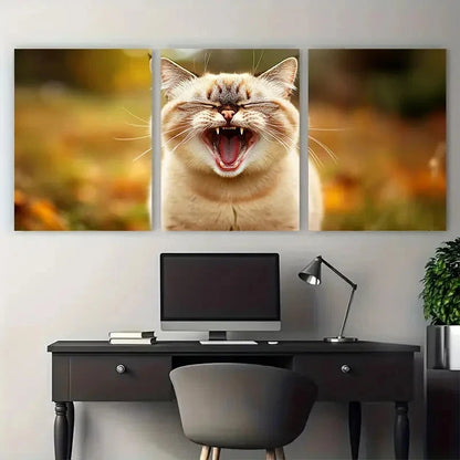3pcs Cute Cat Yawning Illustration Wall Art Set Canvas Framed 40x60cm - High Quality Print 100% Australian Made Wall Canvas Ready to Hang
